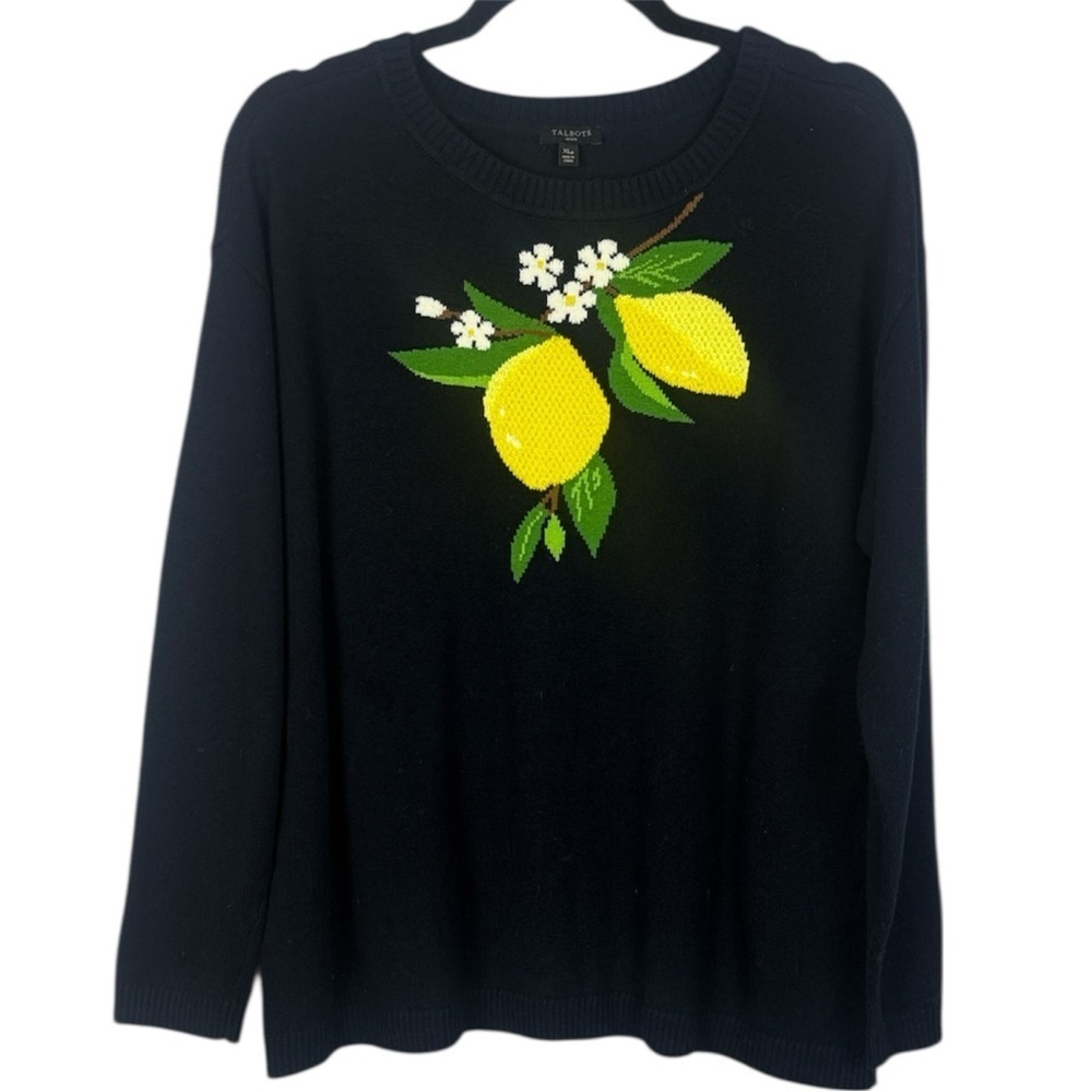 Talbots Navy Fresh Lemons Intarsia Crew Neck Long Sleeve XLP Sweater Knit